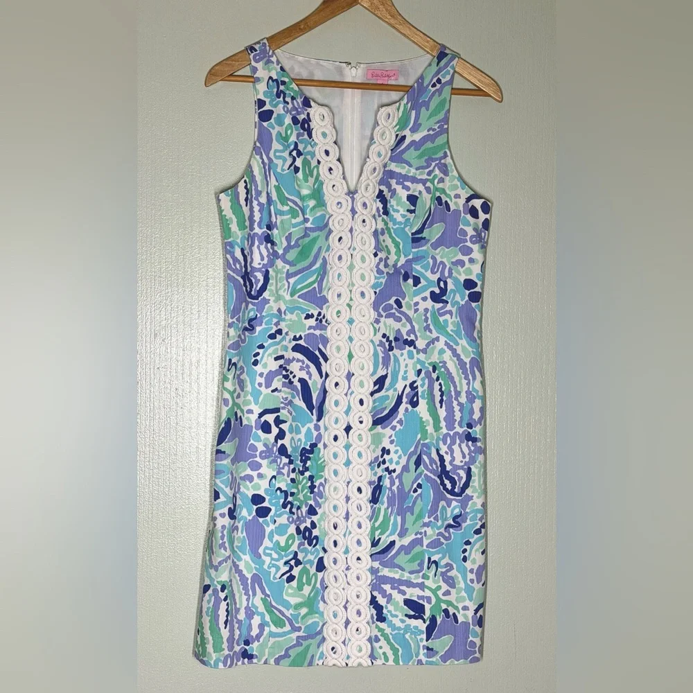 Lilly Pulitzer Mint, Aqua & Lavender Printed Shift Dress with White Lace Trim - Picture 1 of 4